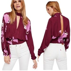 Free People Say You Love‎ Me Floral Top Open Back Blouse Plum Sz Medium NEW $88